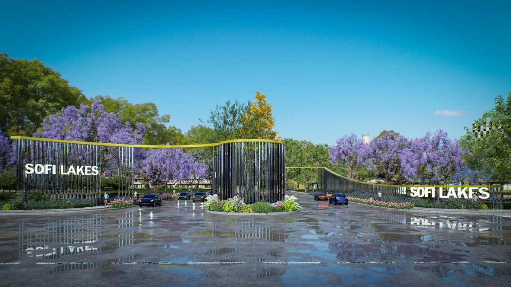 Sofi Lakes entrance gateway with landscaping