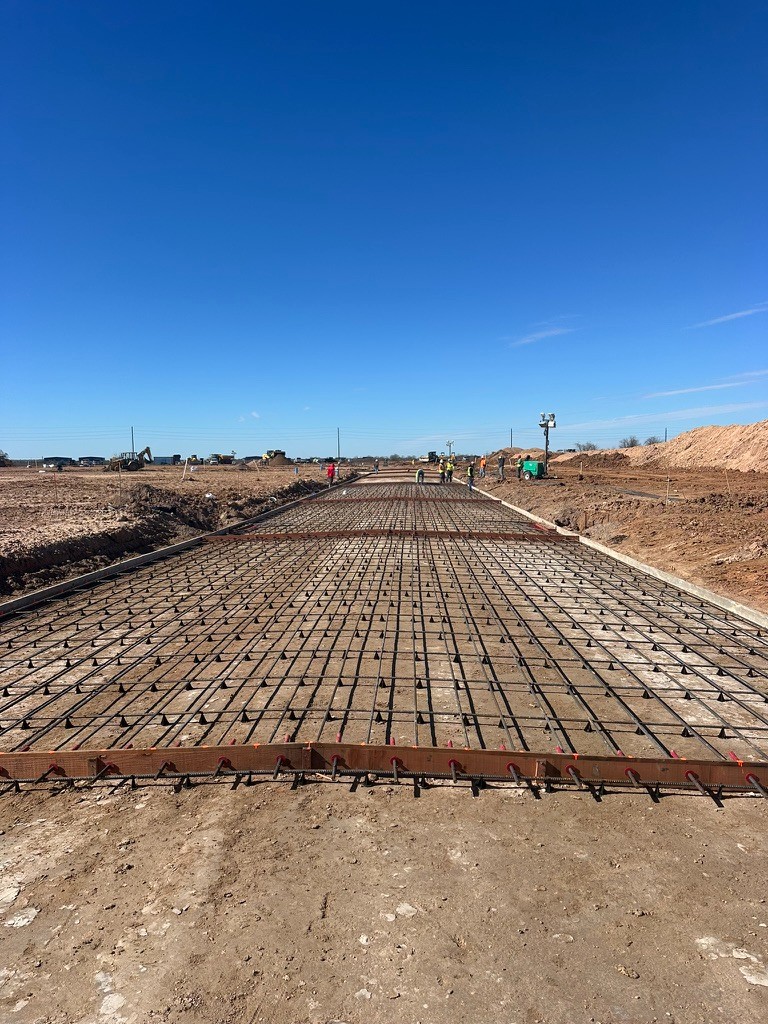 Rebar grid prepared for concrete pour at a civil construction site